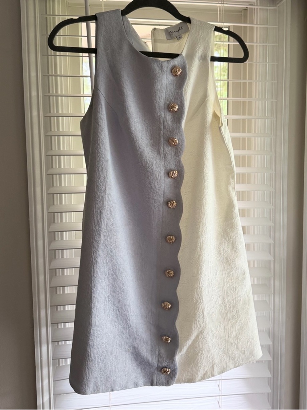 Two-Tone Scallop Button Shift Dress - Light Blue & Cream